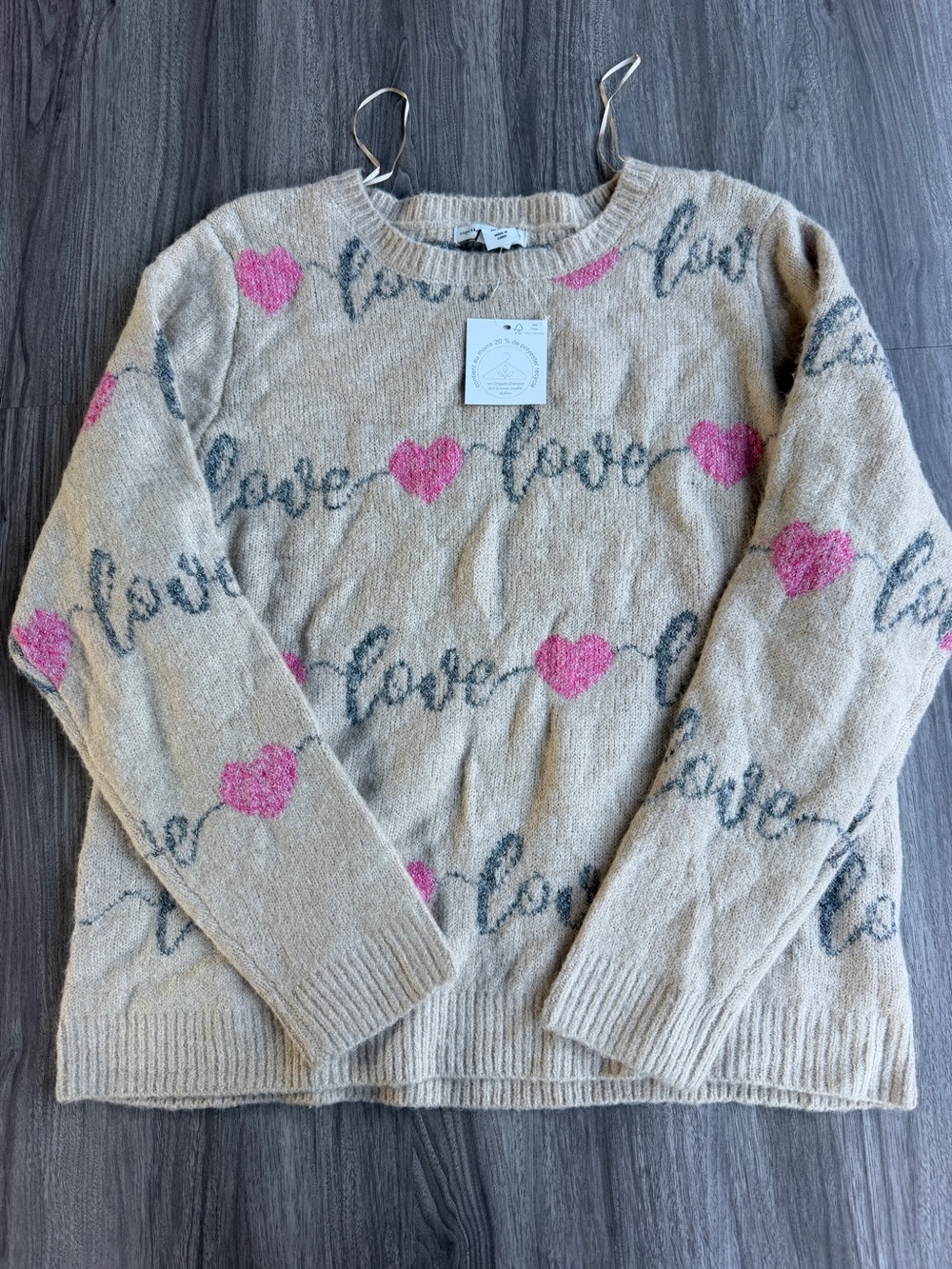 Cupcakes and Cashmere XL Oatmeal Beige Pink Heart Love Knit Sweater Metallic